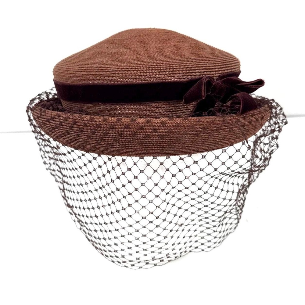 Vintage 1940s Lucylle Smith Gilbert Straw Hat with Velvet Bows and Veil